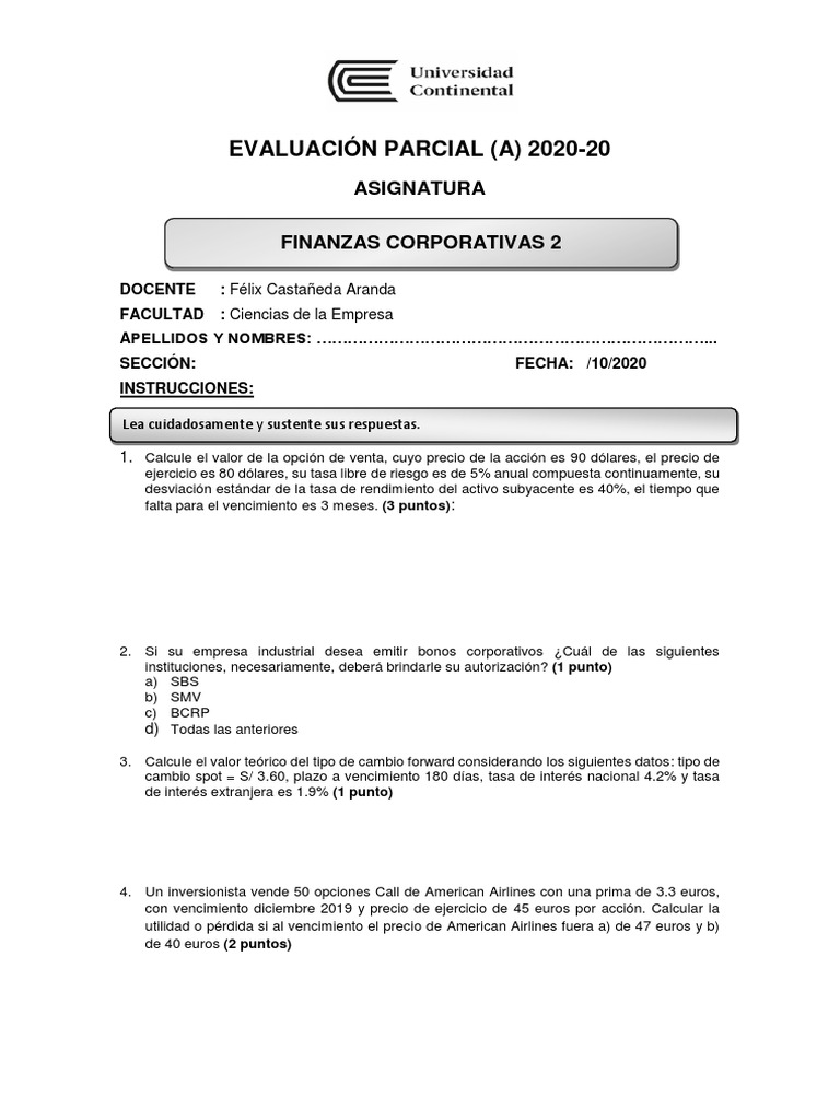 Examen Final Finanzas Corporativas 2 | PDF | Opción (Finanzas) | Economias