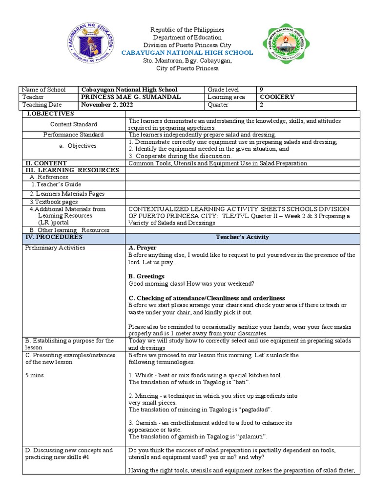 DLP in Tools, Materials and Equipment in Preparing Salads. PDF