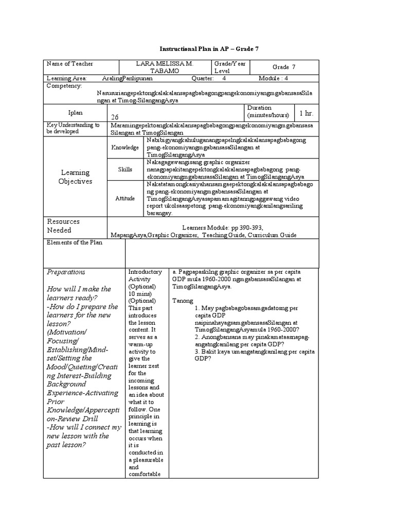 Instructional Plan in AP - Grade 7: Key Understanding To Be Developed ...