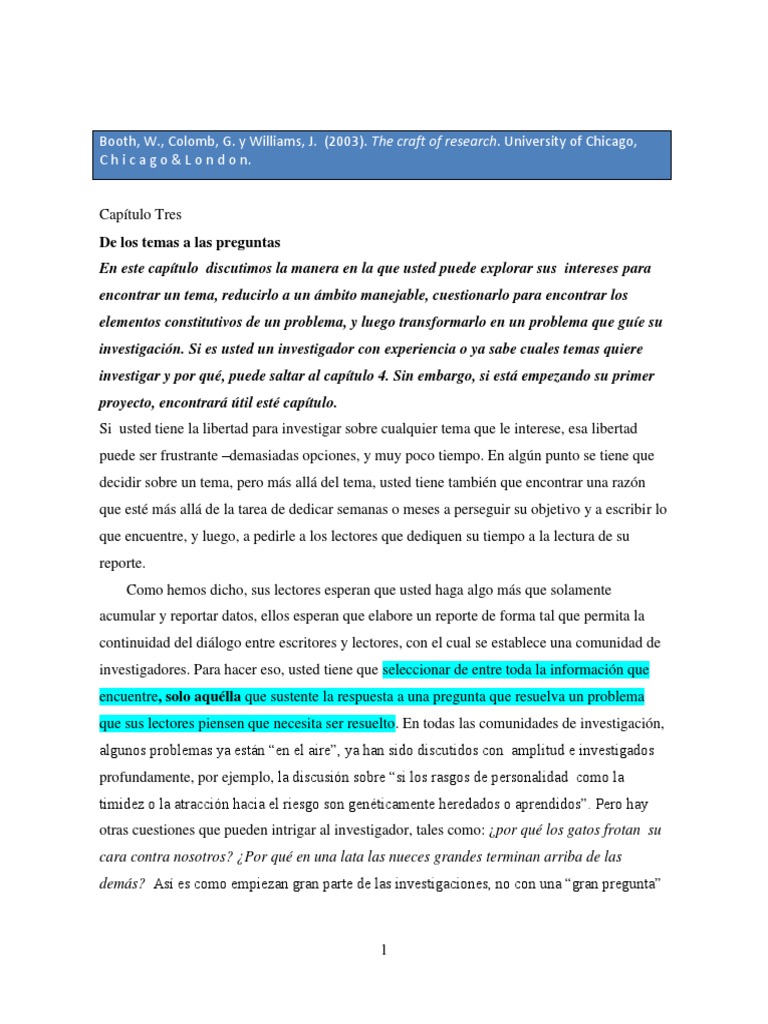 Capítulo 3 The Craft of Research PDF Paz