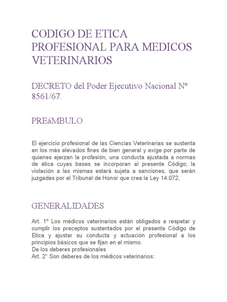 Codigo de Etica Profesional para Medicos Veterinarios PDF Medicina Veterinaria Apelación
