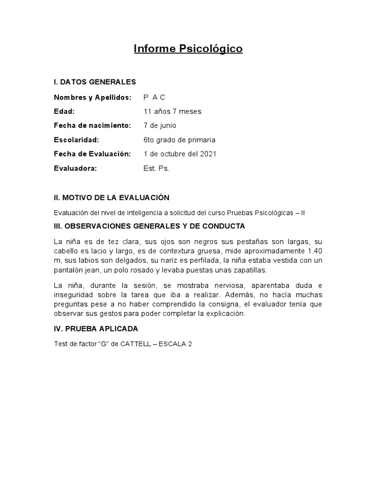 Fomato de Informe Test de Cattell 1 y Cattell 2 | PDF | Cociente de ...