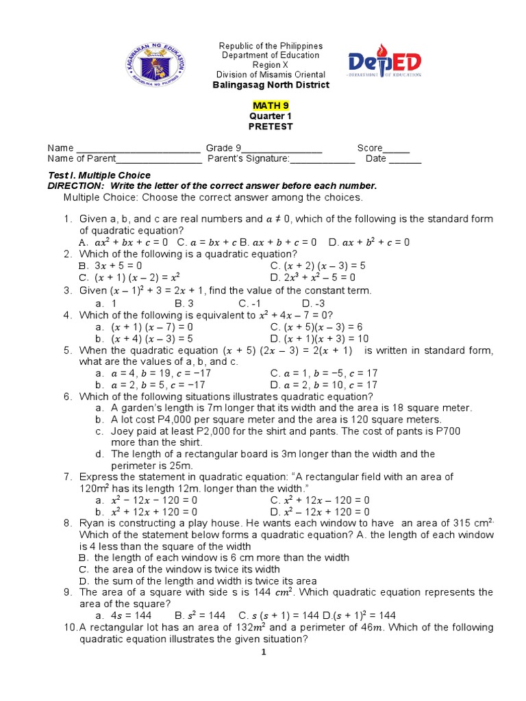 Pretest Pdf Length Algebra