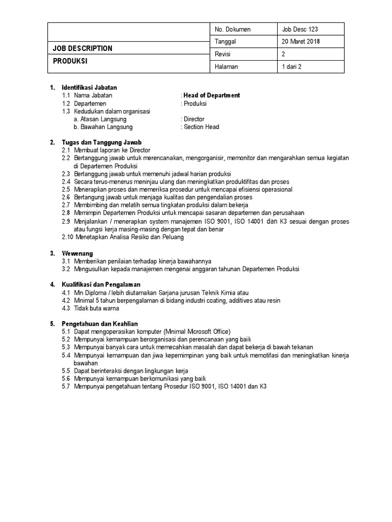 Job Description Head of Department Produksi | PDF