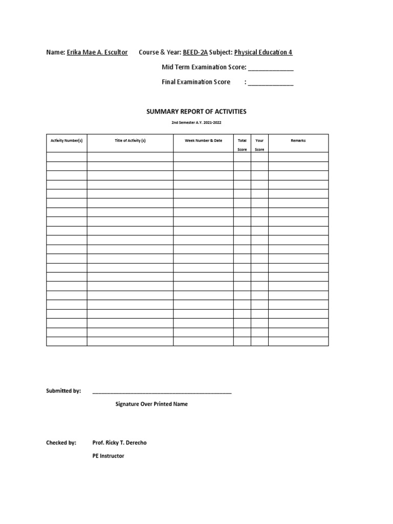 Summary report of activities for erika mae a escultor s physical