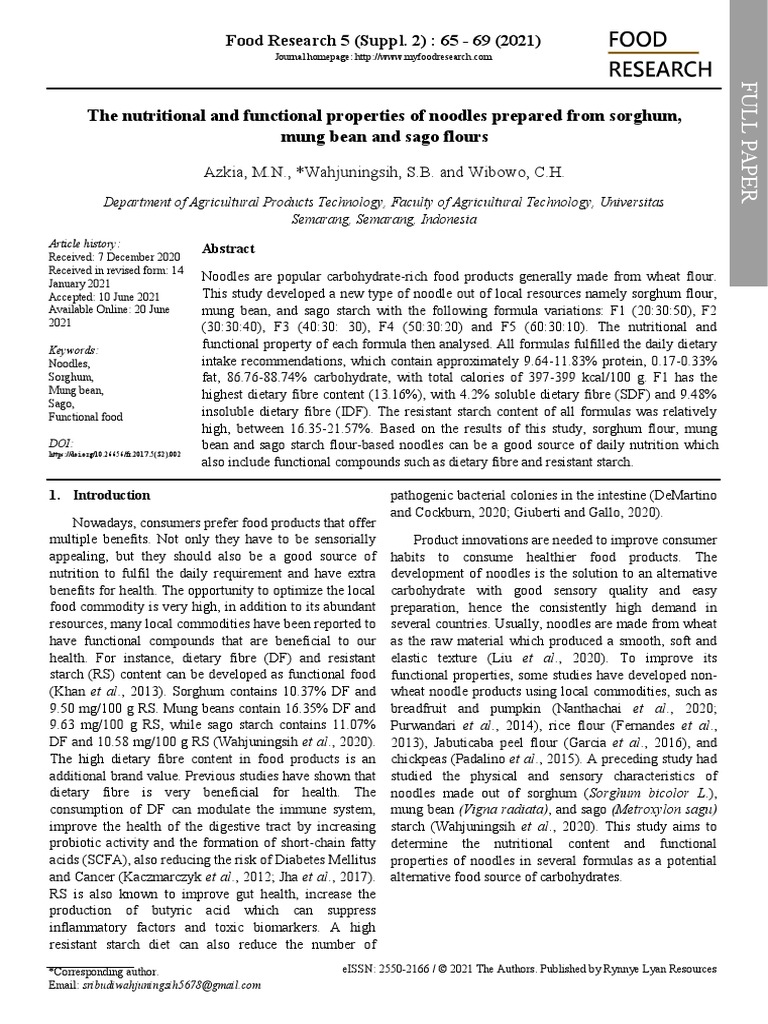 The Nutritional and Functional Properties of Noodles Prepared From ...
