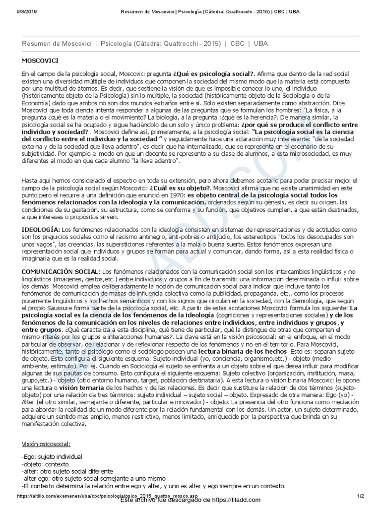 Resumen de Moscovici - Psicologia Catedra - Quattrocchi - 2015 - CBC ...