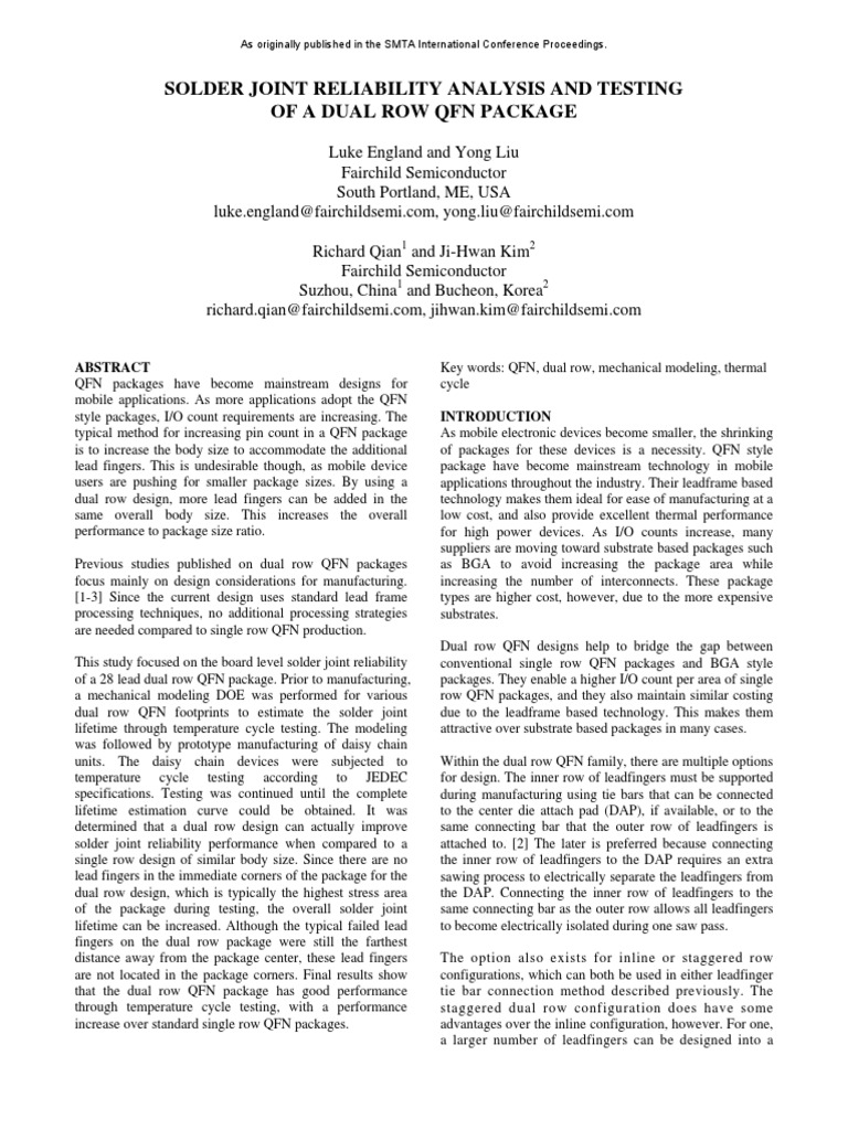 Solder Joint Reliability QFN Smta PDF Materials Applied And Interdisciplinary Physics