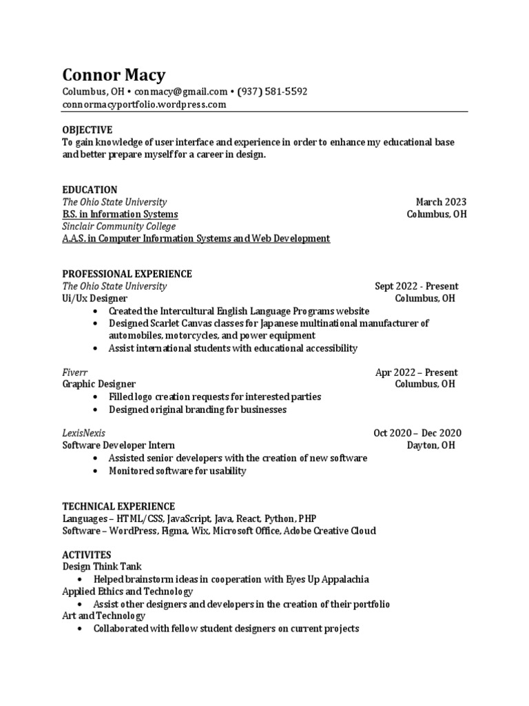 Connor Macy Professional Resume PDF