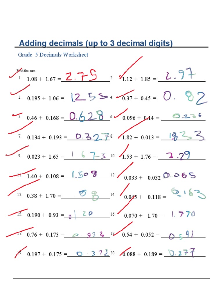 Grade 5 Adding Decimals Worksheet | PDF