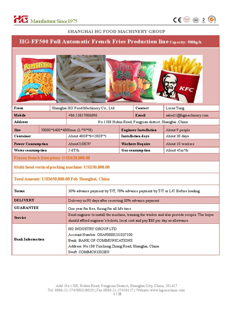 HG-FF500 French Fries Production Line | PDF | Stainless Steel | Pipe ...
