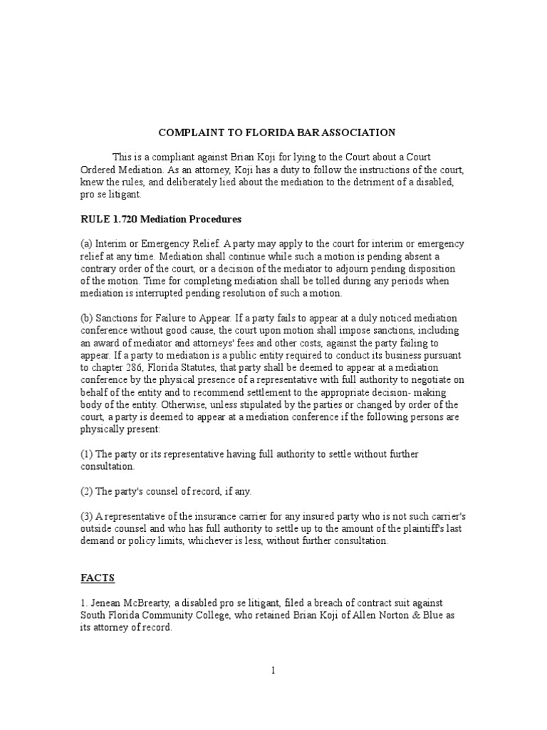 Complaint to Florida Bar Association Against Brian Koji Mediation