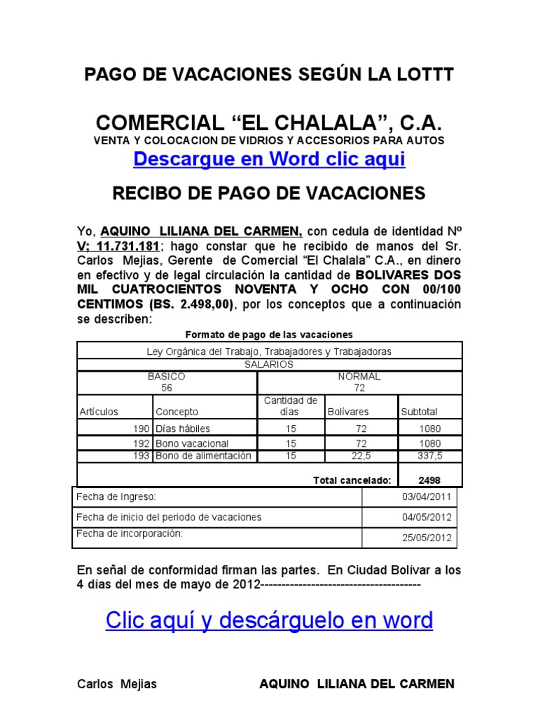 Formato Modelo de recibo de Pago de Vacaciones según la LOTTT