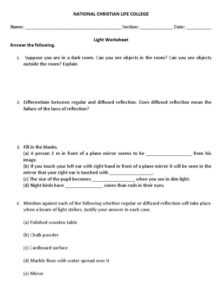 Light Worksheet PDF