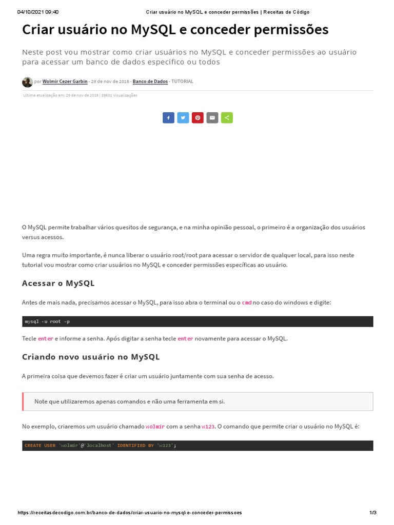 Criar Usuário e Permissões MySQL | PDF | Bancos de dados | Usuário ...