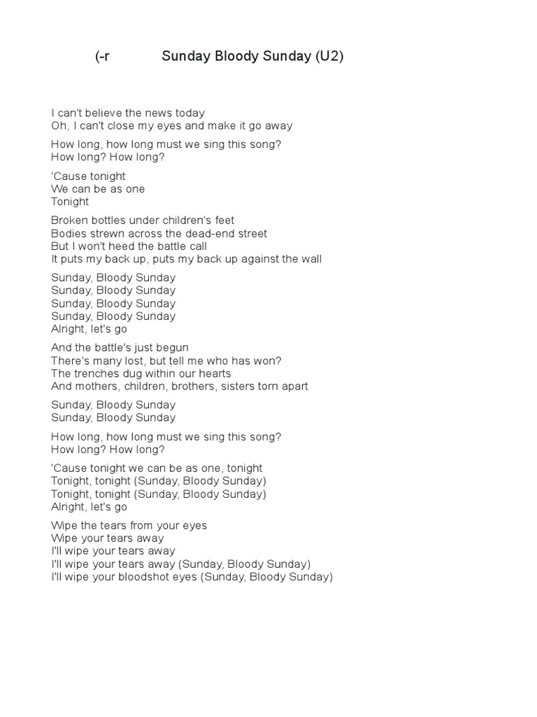 Paroles Sunday Bloody Sunday PDF