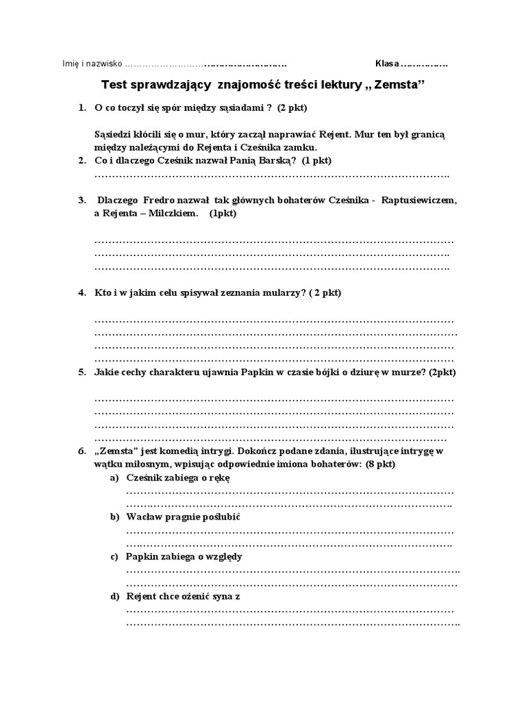 Zemsta Pytania I Odpowiedzi Na Sprawdzian Zemsta - Test | PDF