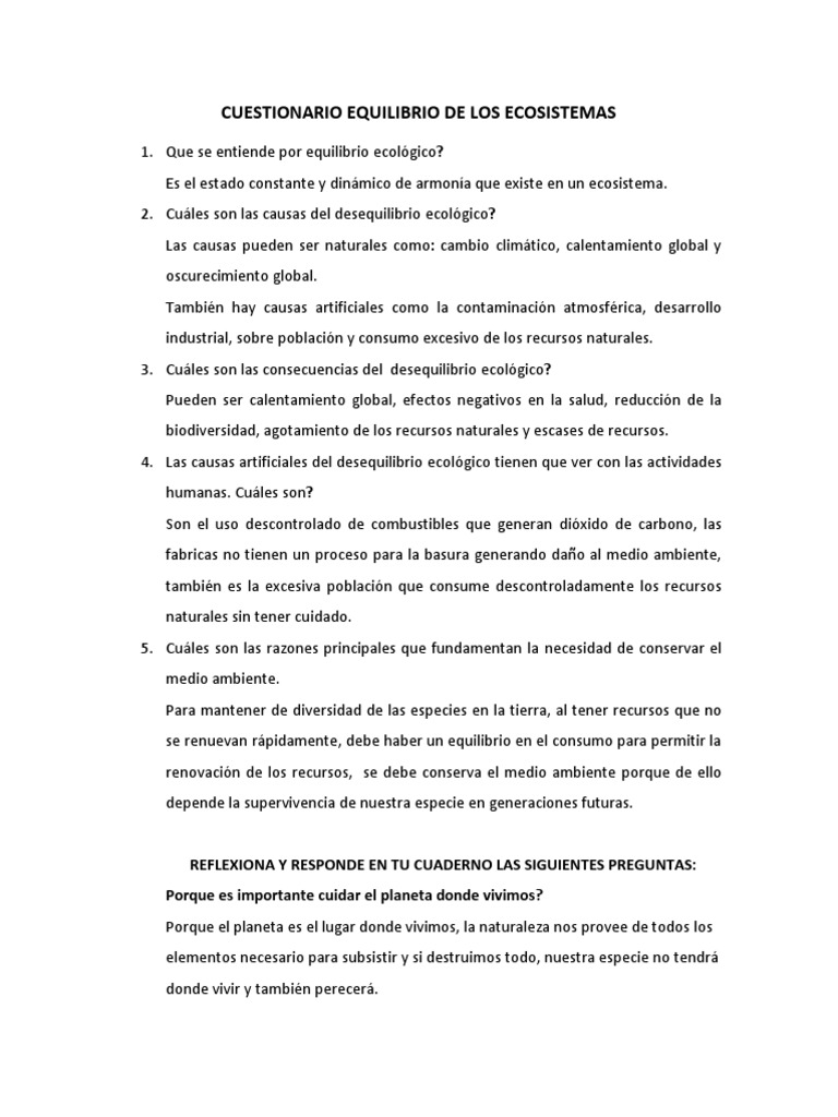 Cuestionario 11 Equilibrio de Los Ecosistemas | PDF | Entorno natural ...