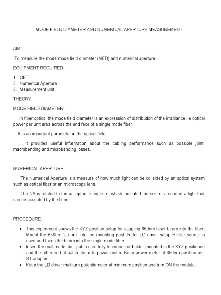 Mode Field Diameter Measurement in Fiber | PDF | Optical Fiber | Aperture