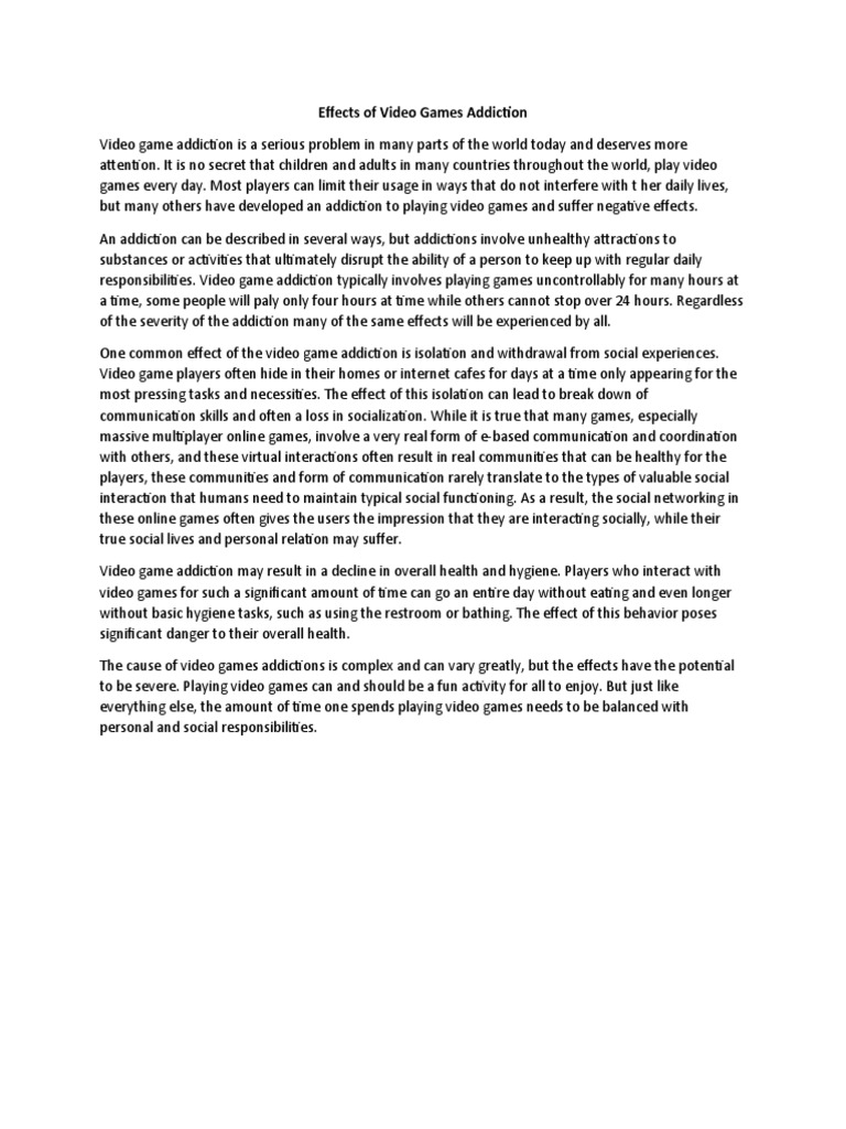 Effects of Video Games Addiction PDF Video Games
