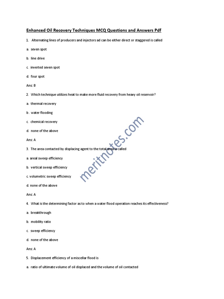 Enhanced Oil Recovery Techniques Mcqs PDF