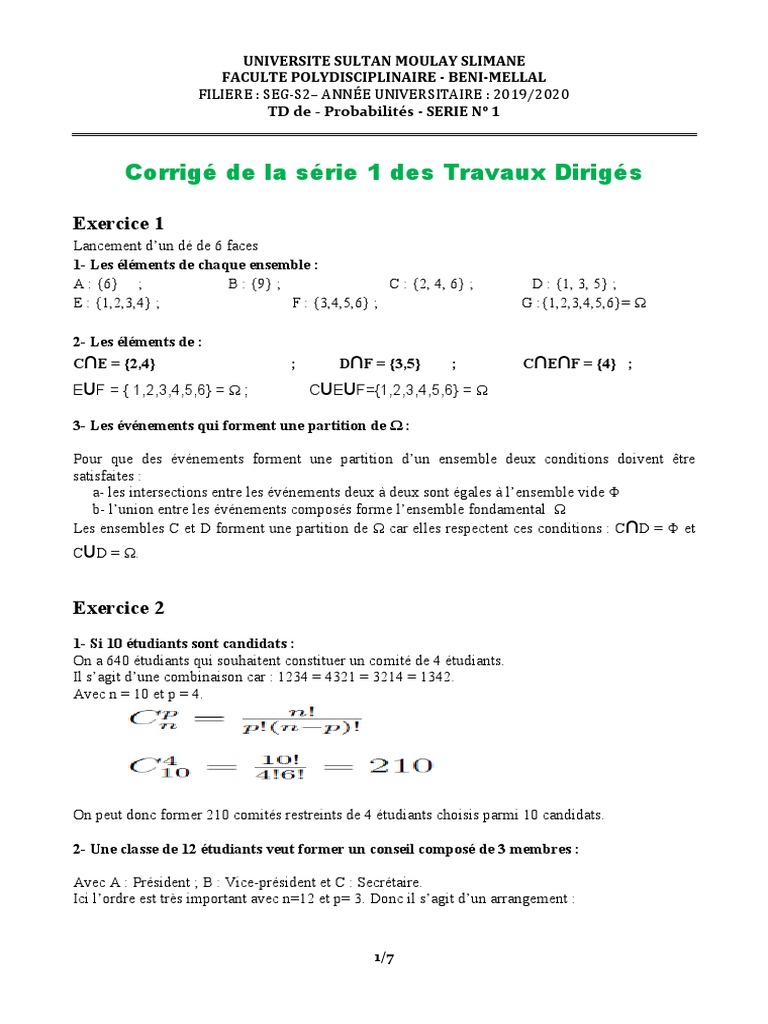 Corrigé TD Probabilités Université 2019 | PDF | Méthodes et références ...
