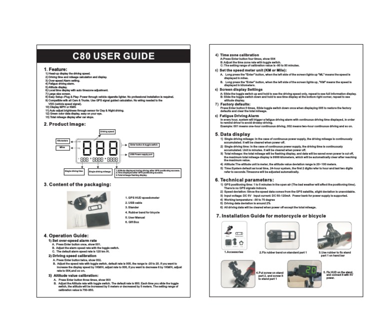 GPS Speedometer C80 User Guide USB Cable PDF Power Supply Fuel