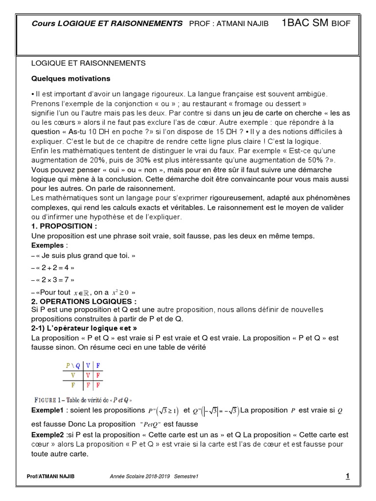 Cours de logique et raisonnements 1BAC SM | PDF | Logique mathématique ...
