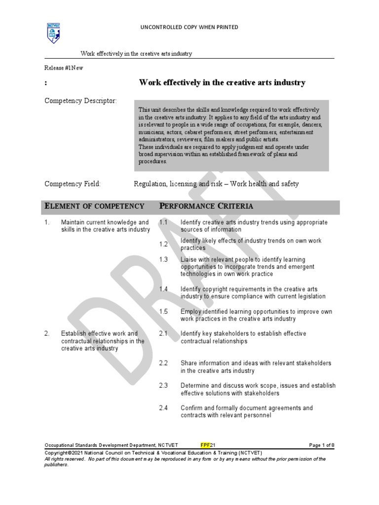 Work effectively in the creative arts industry pdf vocational