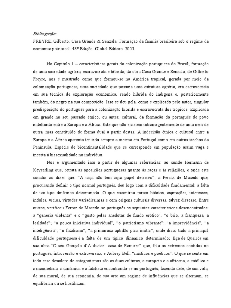 Resumo Reflexivo - FREYRE, Gilberto. Casa Grande e Senzala - Cap 1 ...