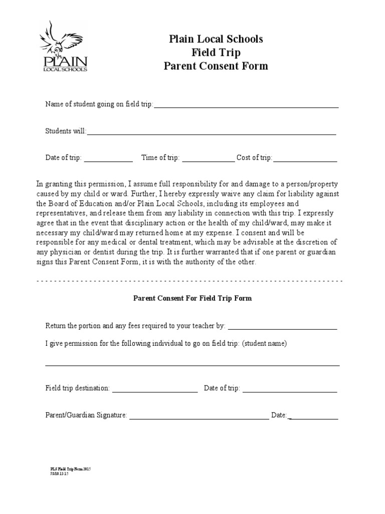 Field Trip Parent Consent Form PDF
