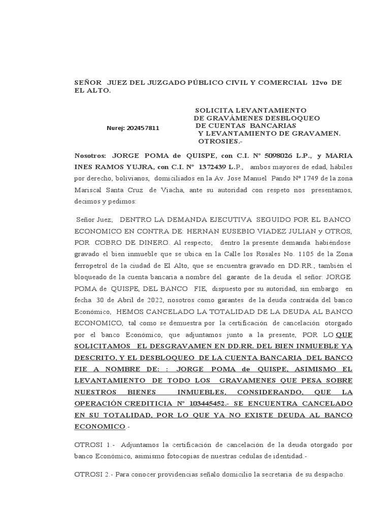 Memorial Levantamiento de Gravamen 2022 PDF