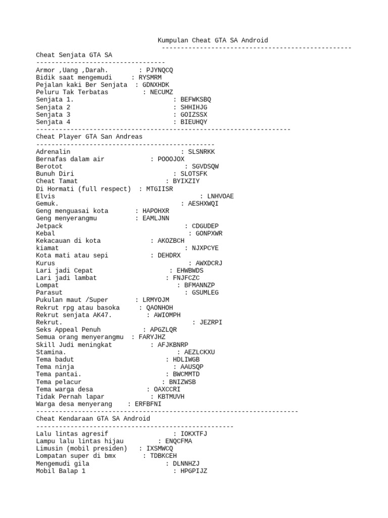 Semua Kode Cheat Gta Sa Android PDF