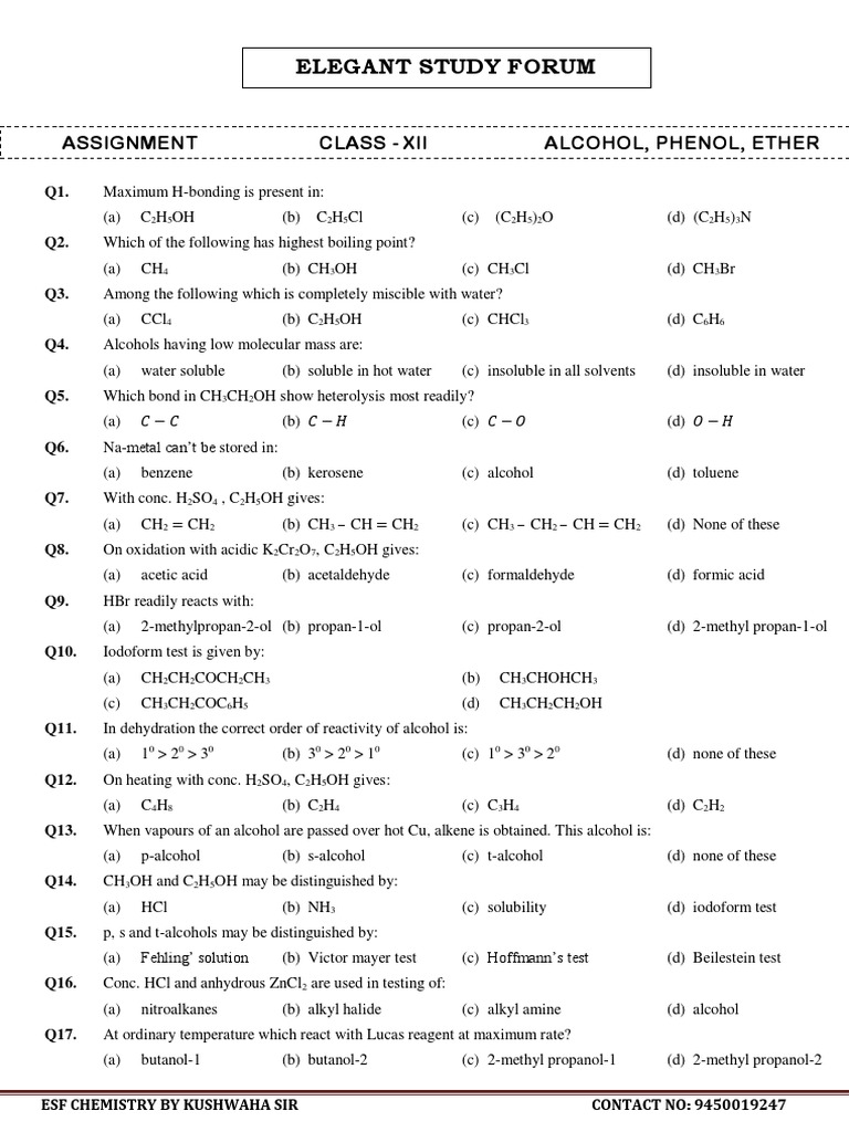 Alcohols, Phenols, and Ethers MCQs | PDF | Ethanol | Methyl Group