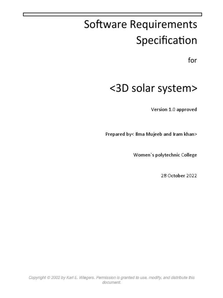 Exploring the cosmos software requirements for a 3d interactive solar