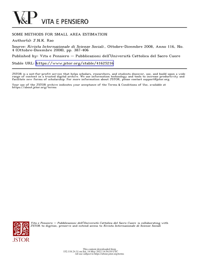 JNK Rao 2008 SOME METHODS FOR SMALL AREA ESTIMATION | PDF | Estimator ...