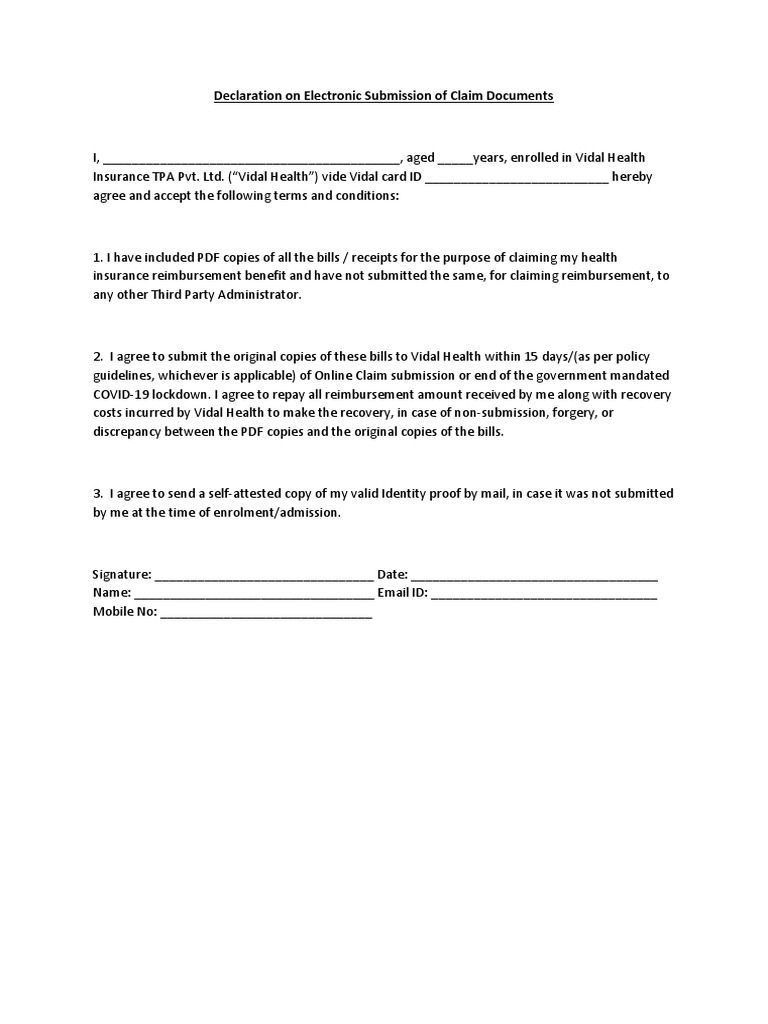 Declaration On Electronic Submission of Claim Documents PDF