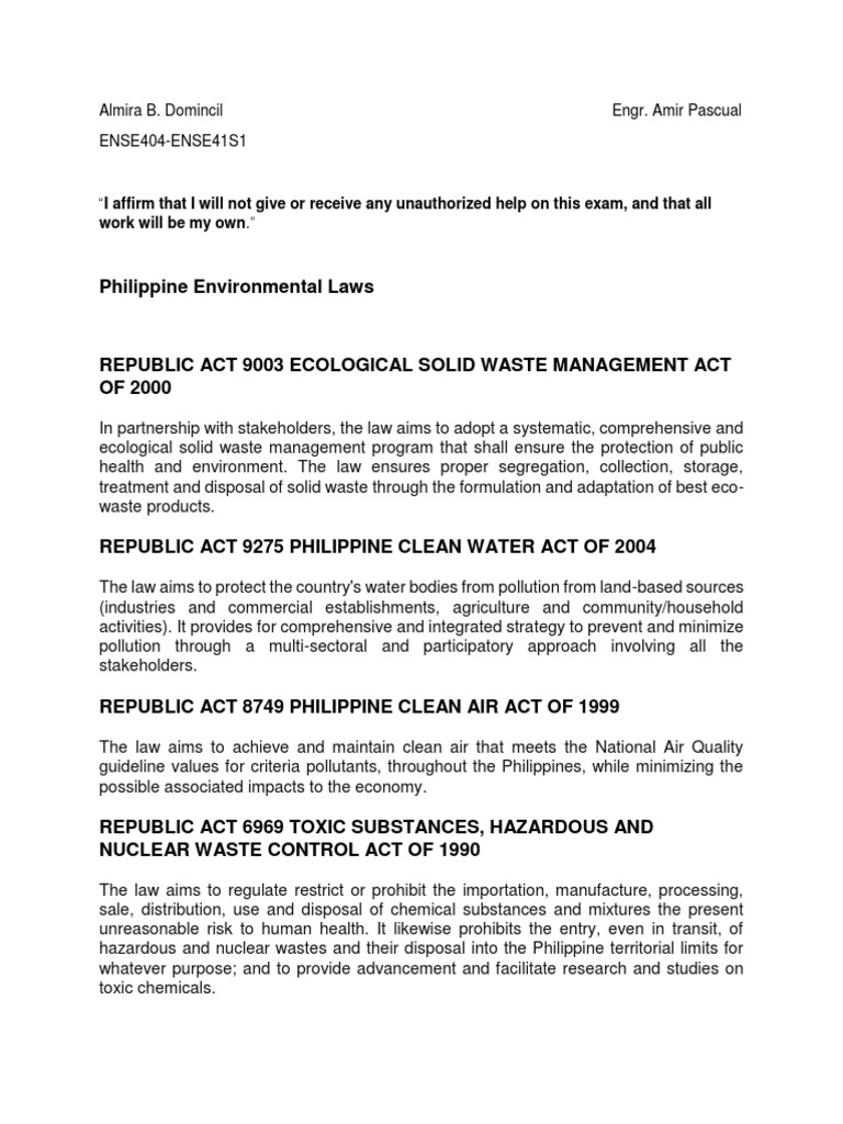 Summary of Key Philippine Environmental Laws PDF Waste Management