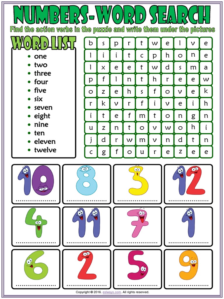 Numbers Esl Vocabulary Word Search Worksheet For Kids Pdf
