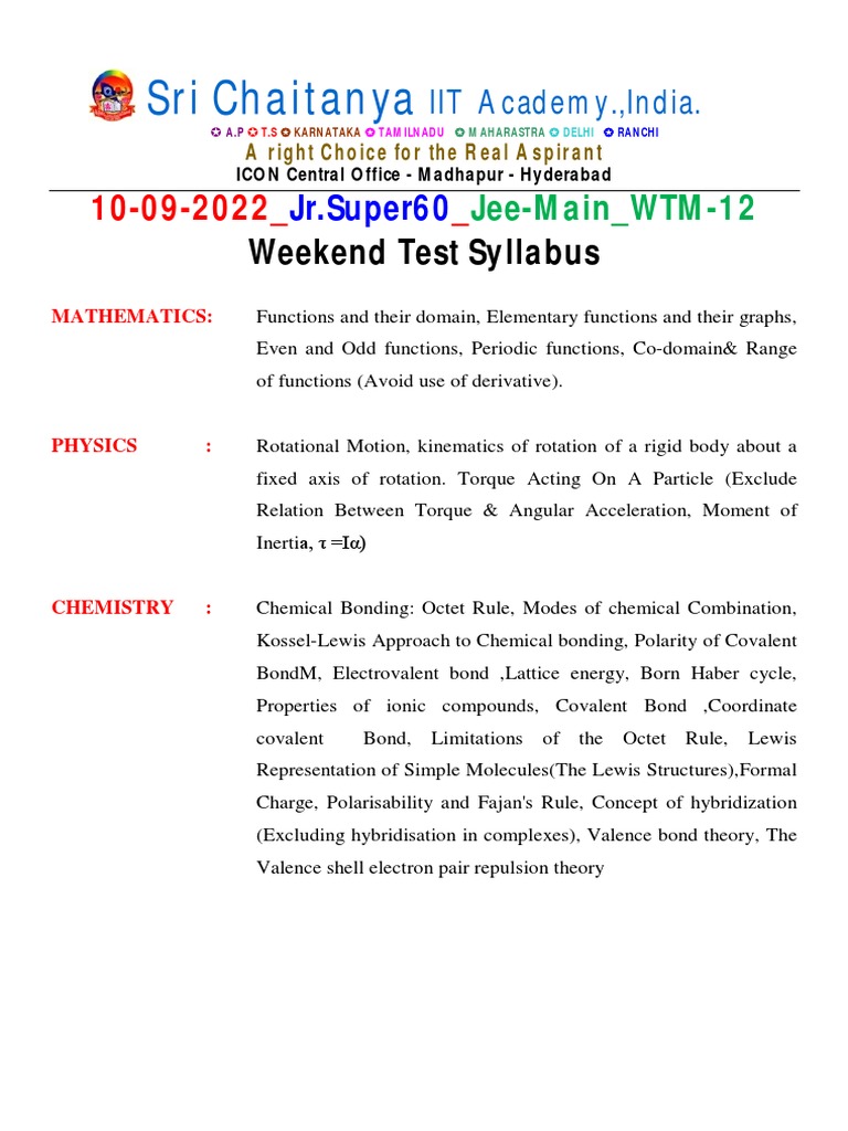 01 10-09-2022 JR - Super60 Jee-Main WTM-12 Weekend Test Syllabus | PDF
