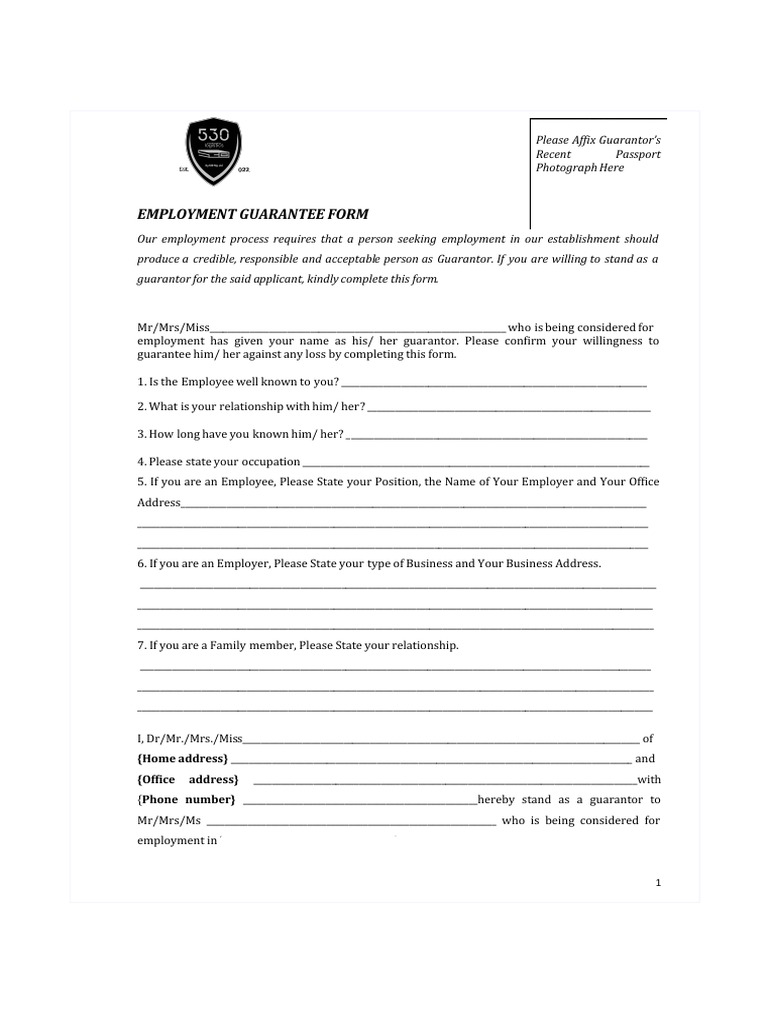 530 Logistics Guarantor Form Template PDF