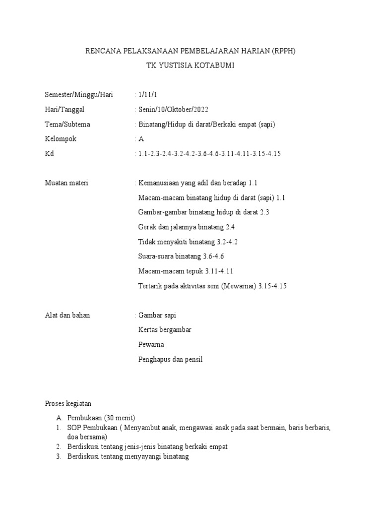 RPPH Tema Binatang untuk TK | PDF