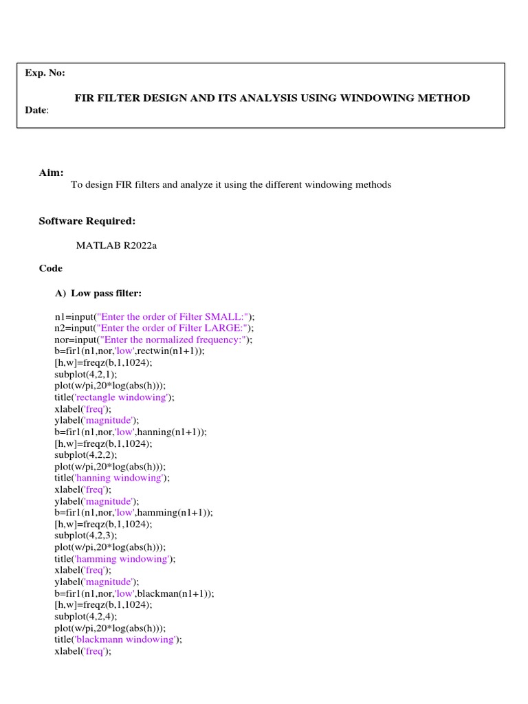 FIR Filter Design with Windowing Methods | PDF | Electrical Engineering ...