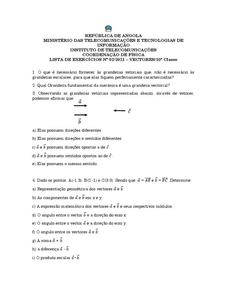 Exercícios sobre Vetores para 10ª Classe | PDF | Vetor euclidiano ...