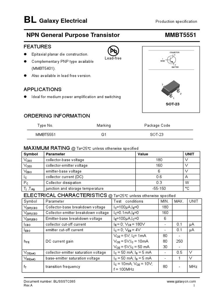 Production Specification for the MMBT5551 NPN General Purpose