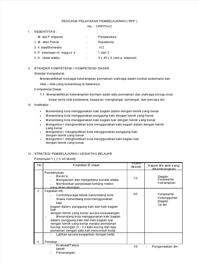 RPP Penjasorkes Kelas 10: Sepakbola | PDF