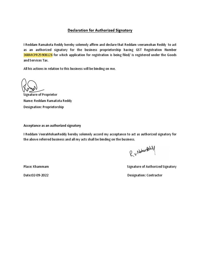 Authorized Signatory Declaration for GST | PDF