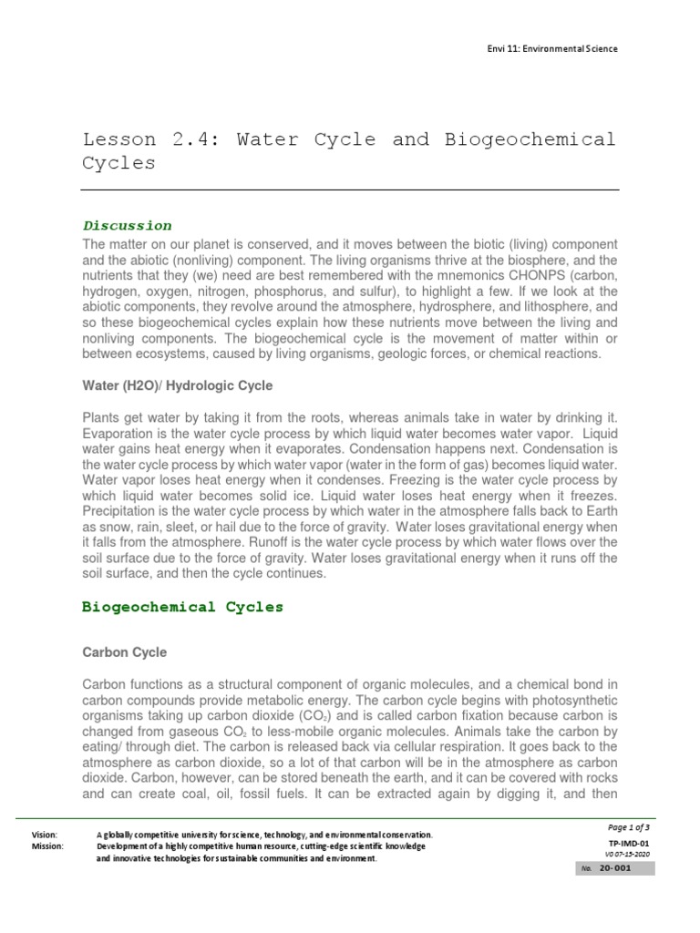 Lesson 2 4 Water Cycle And Biogeochemical Cycles Pdf Water Cycle