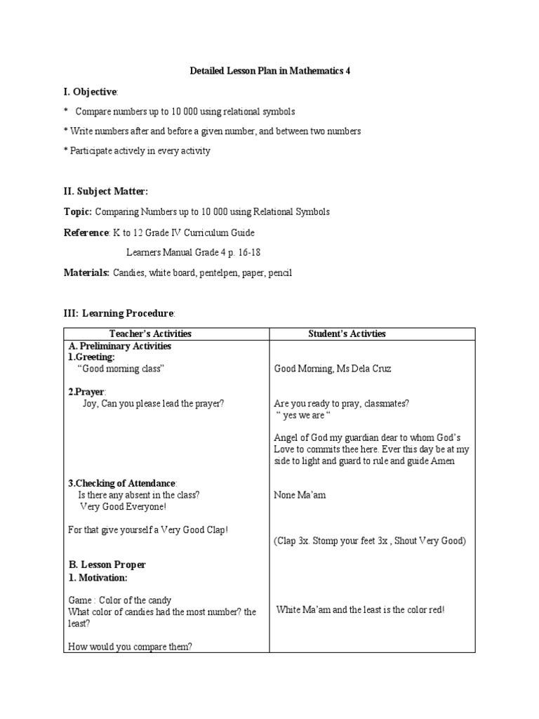 Detailed Lesson Plan in Mathematics 4 | Download Free PDF | Lesson Plan ...