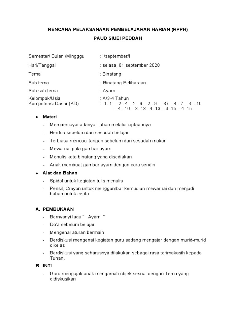RPPH PAUD: Tema Binatang Peliharaan | PDF | Seni & Disiplin Bahasa